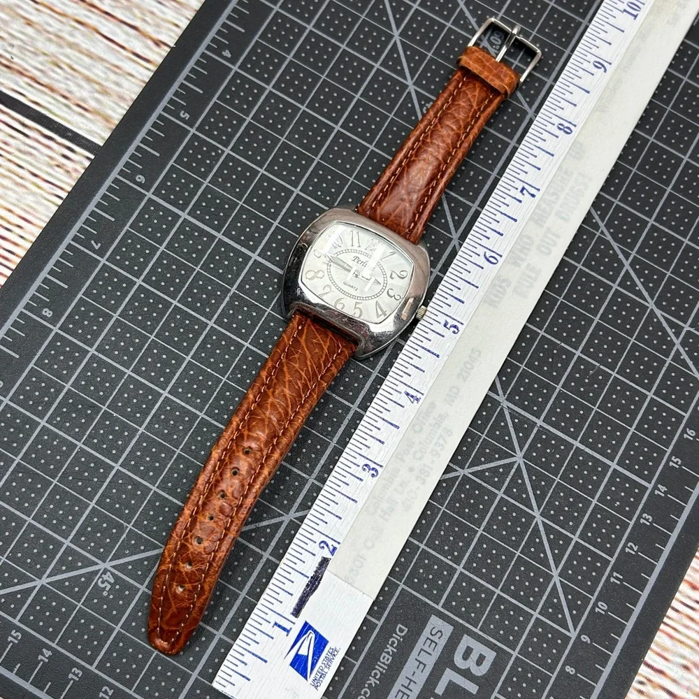 Perlina Quartz Watch Silver Tonneau Case‎ Brown Leather Strap Japan Movt